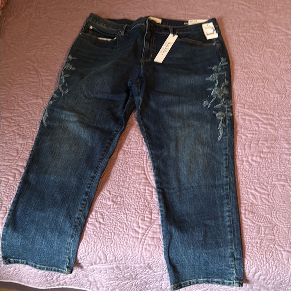 Floral Embroidered Dark Denim Jeans